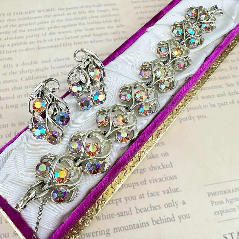 AB Rhinestone Bracelet Earrings Set AB Bracelet 60s 50s Midcentury Leaf Vintage